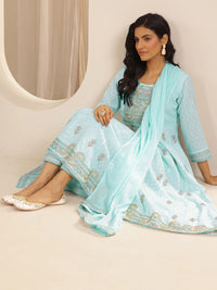 Libas Floral Embroidered Anarkali Thread Work Pure Cotton Kurta with Trousers & Dupatta