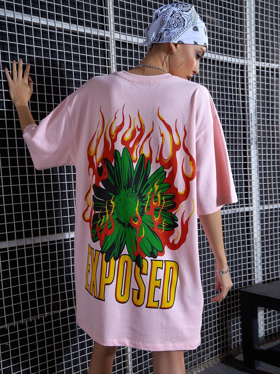 SASSAFRAS Pink Graphic Printed Pure Cotton Oversized T-Shirt Dress