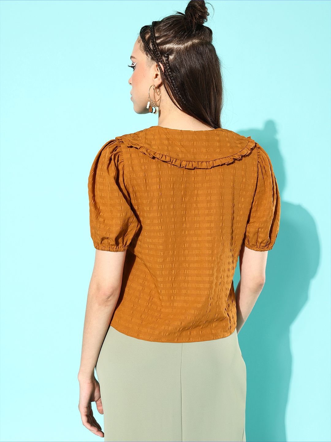DressBerry Women Chic Brown Textured Statement Collar Shirt