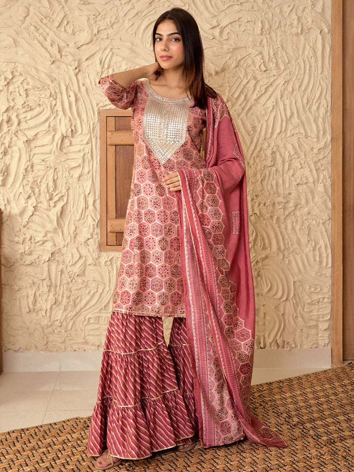 Libas Floral Yoke Design Round Neck Three-Quarter Sleeves Gotta Patti Kurta Set