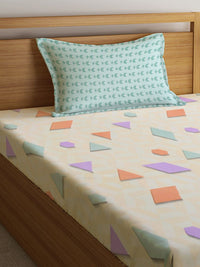 KLOTTHE Cream Geometric Polycotton 300 TC Single Fine Bedsheet with a Pillow Cover-87 x 59 inches
