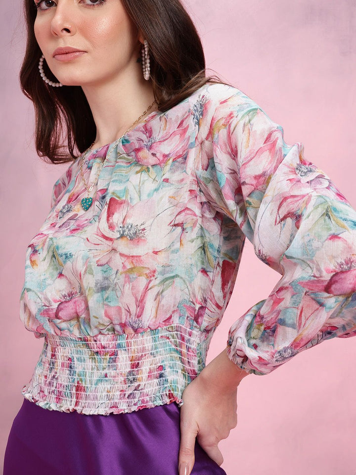 DressBerry Floral Print Smocked Detail Puff Sleeves Blouson Top
