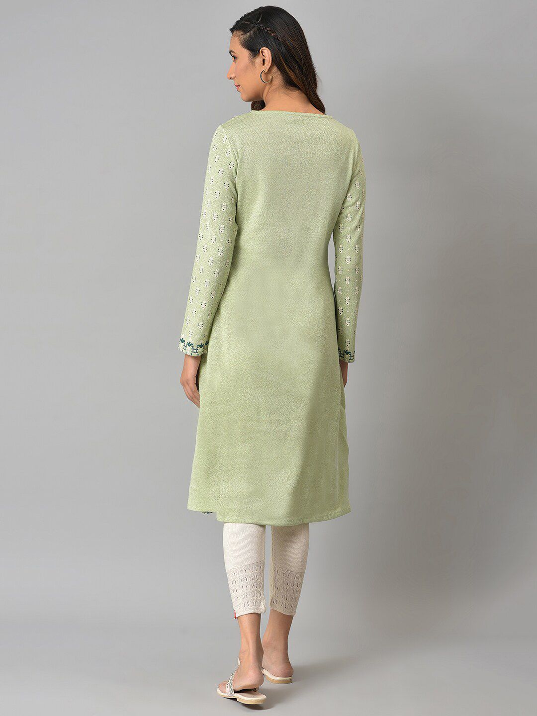 W Women Green Ethnic Motifs Keyhole Neck Woven Design Kurta