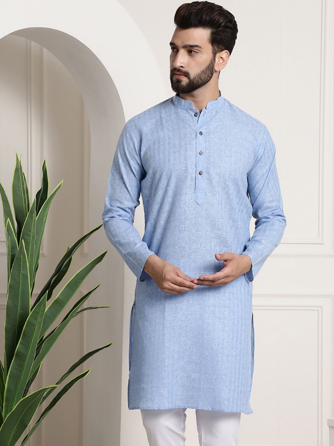 SOJANYA Men Blue Dobby Self-Checked Straight Kurta