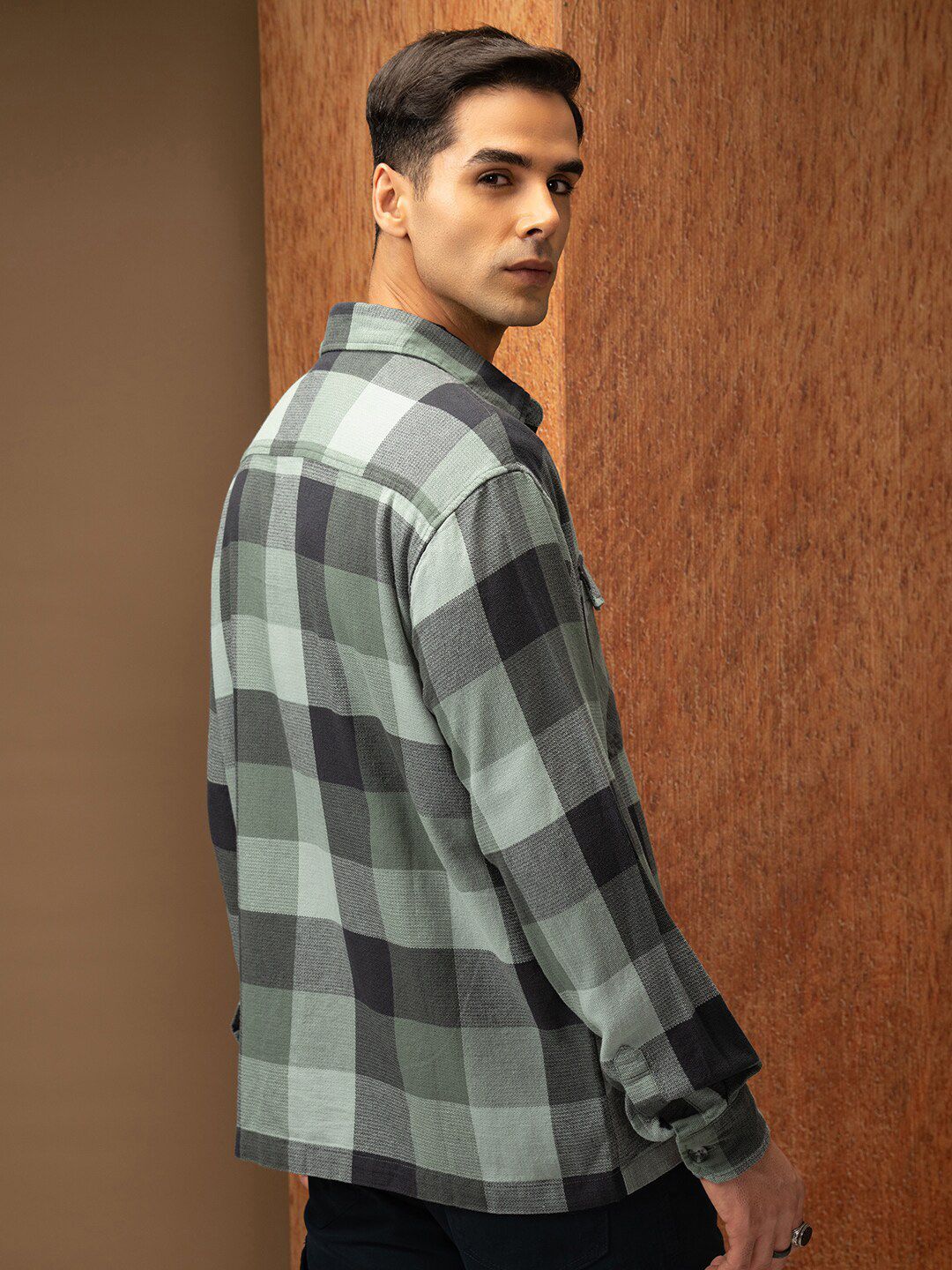 Locomotive Premium Men Green Oversized Dobby Textured Checked Utility Pocket Overshirt