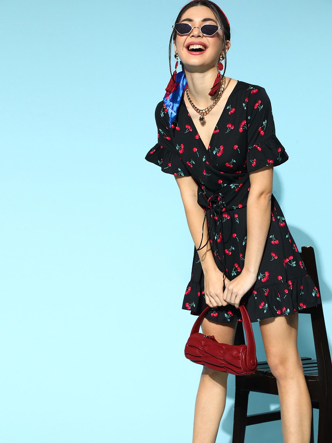 Berrylush Black & Red Printed Crepe Wrap Dress