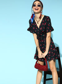 Berrylush Black & Red Printed Crepe Wrap Dress