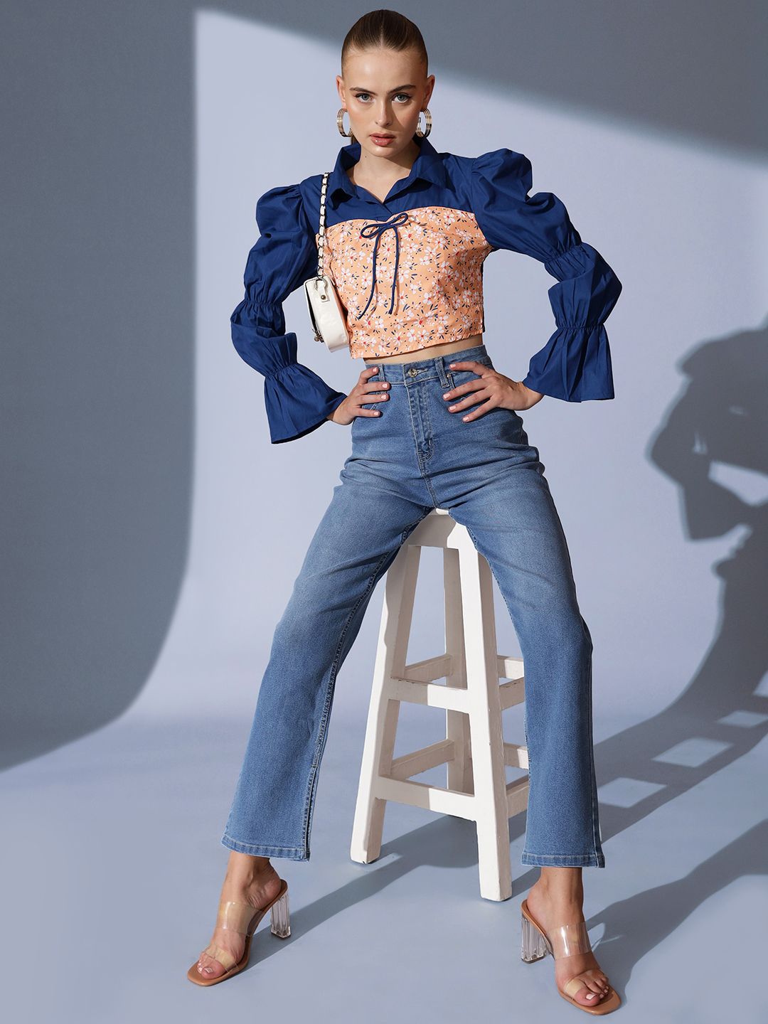 STREET 9 Shirt Collar Floral Printed Crepe Crop Top