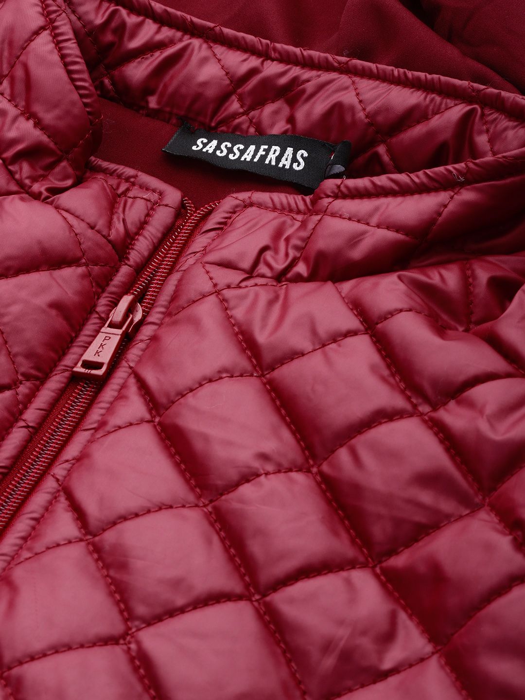 SASSAFRAS Women Maroon Solid Quilted Hooded Jacket