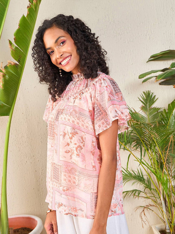 SASSAFRAS Peach-Coloured Floral Printed High Neck Flutter Sleeve Georgette Top