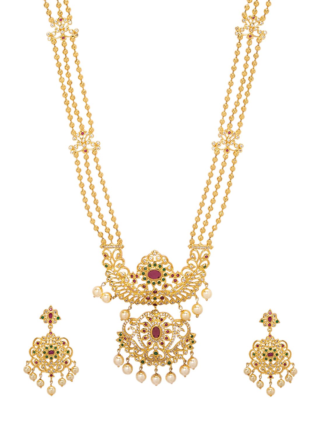 Rubans 22K Gold-Plated Ruby & CZ Studded Multistand Jewellery Set with Pearl Accents
