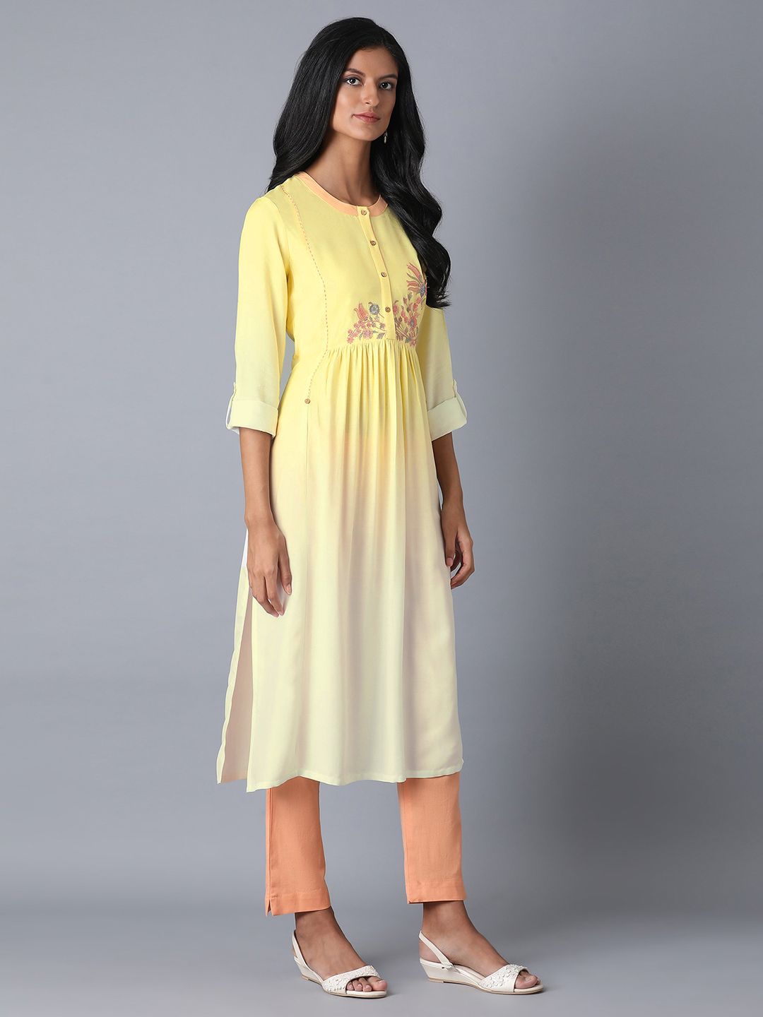 W Women Yellow & White Yoke Design Straight Kurta