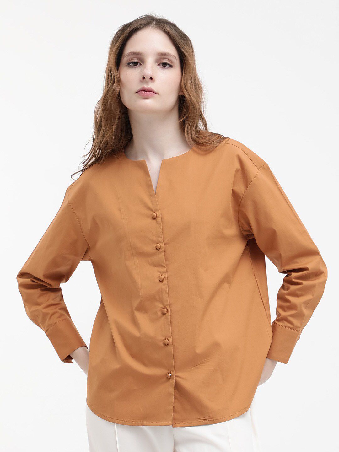 RAREISM Cotton Notched Neck Cuffed Sleeves Styled Back Casual Top