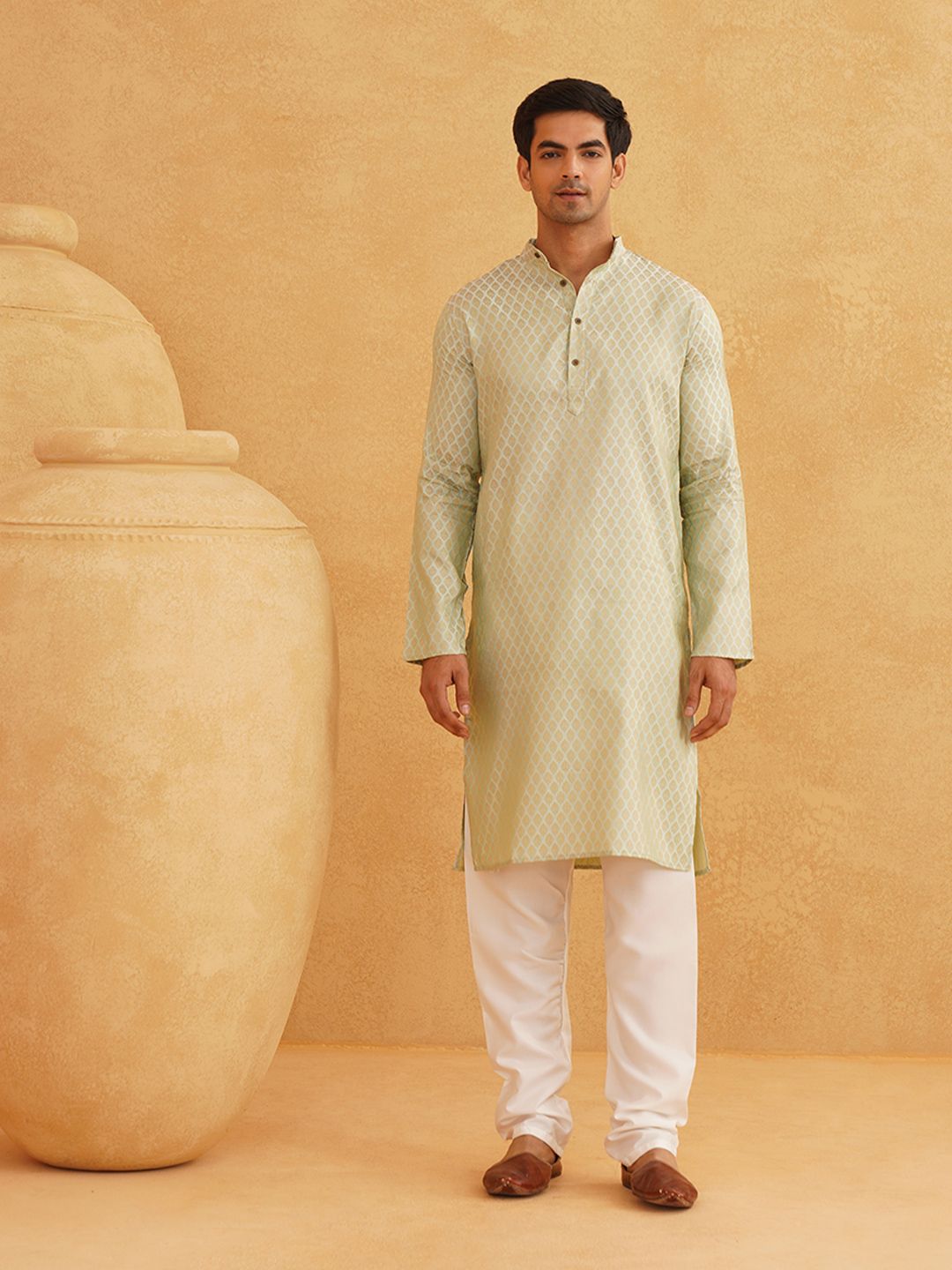 SOJANYA Ethnic Motifs Woven Design Band Collar Kurta With Pyjamas & Nehru Jacket