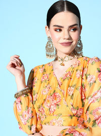 Shae by SASSAFRAS Women Yellow & Green Printed Ready to Wear Lehenga Choli
