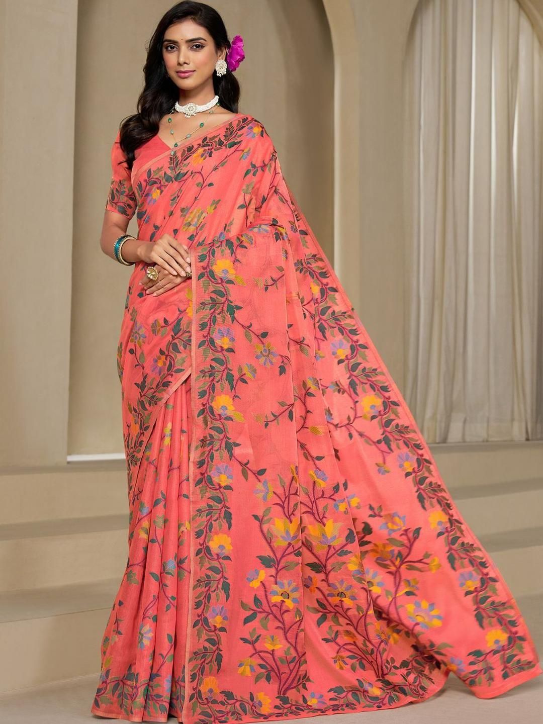 KALINI Orange Pure Cotton Woven Design Sarees