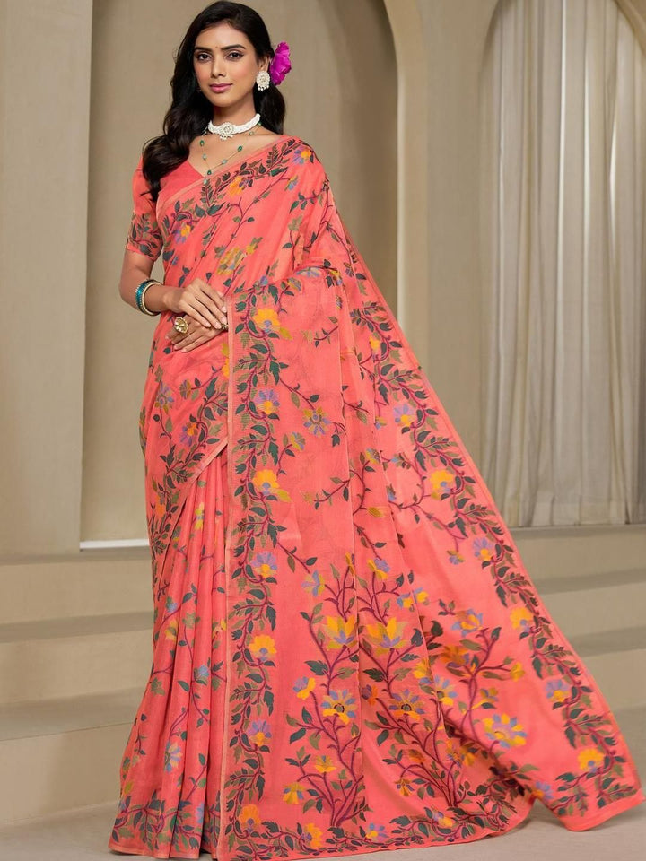 KALINI Orange Pure Cotton Woven Design Sarees