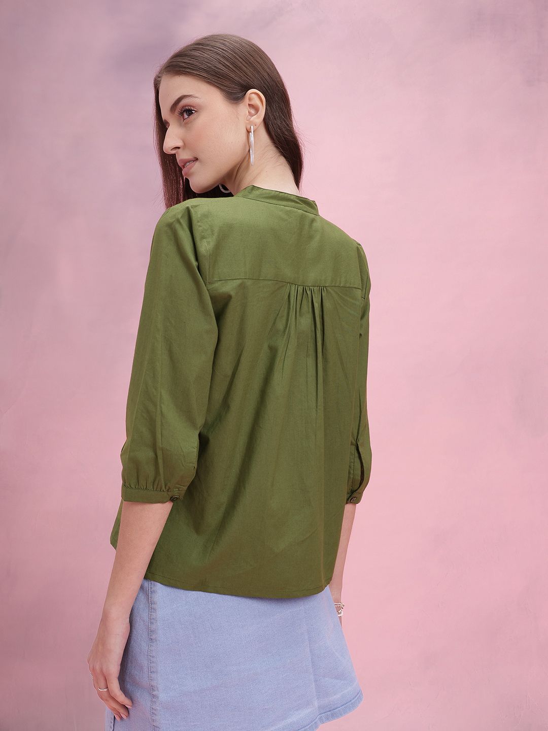 DressBerry Mandarin Collar Puff Sleeve Shirt Style Top with Gathered Details