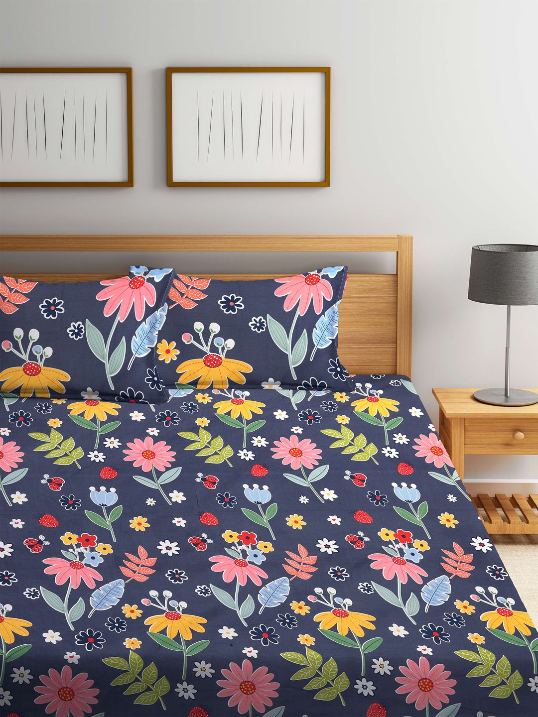 Myntra Elegant Homes Grey Floral Cotton 300 TC Fitted King Bedsheet with 2 Pillow Covers-98 x 87 inches