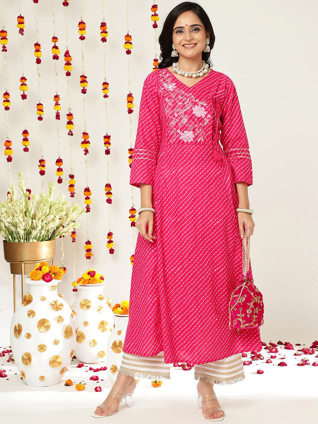Varanga Women Pink & White Leheriya Printed Angrakha Kurta With Embroidery
