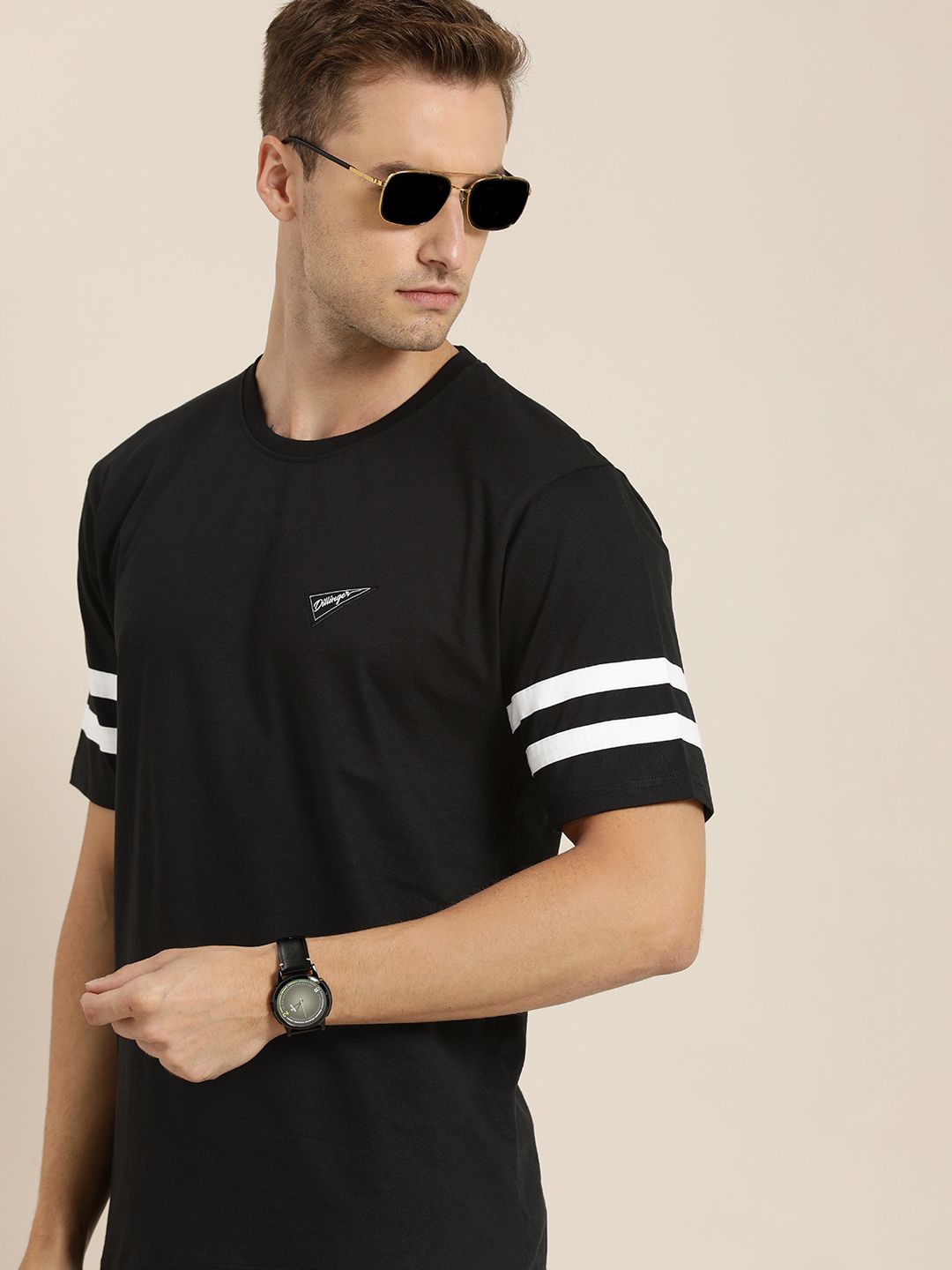 DILLINGER Men Black Solid Pure Cotton Loose T-shirt with Striped Sleeves