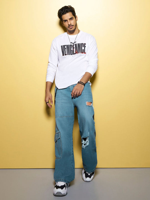 Bewakoof Men's Blue Baggy Distressed Cargo Mid-Rise Jeans