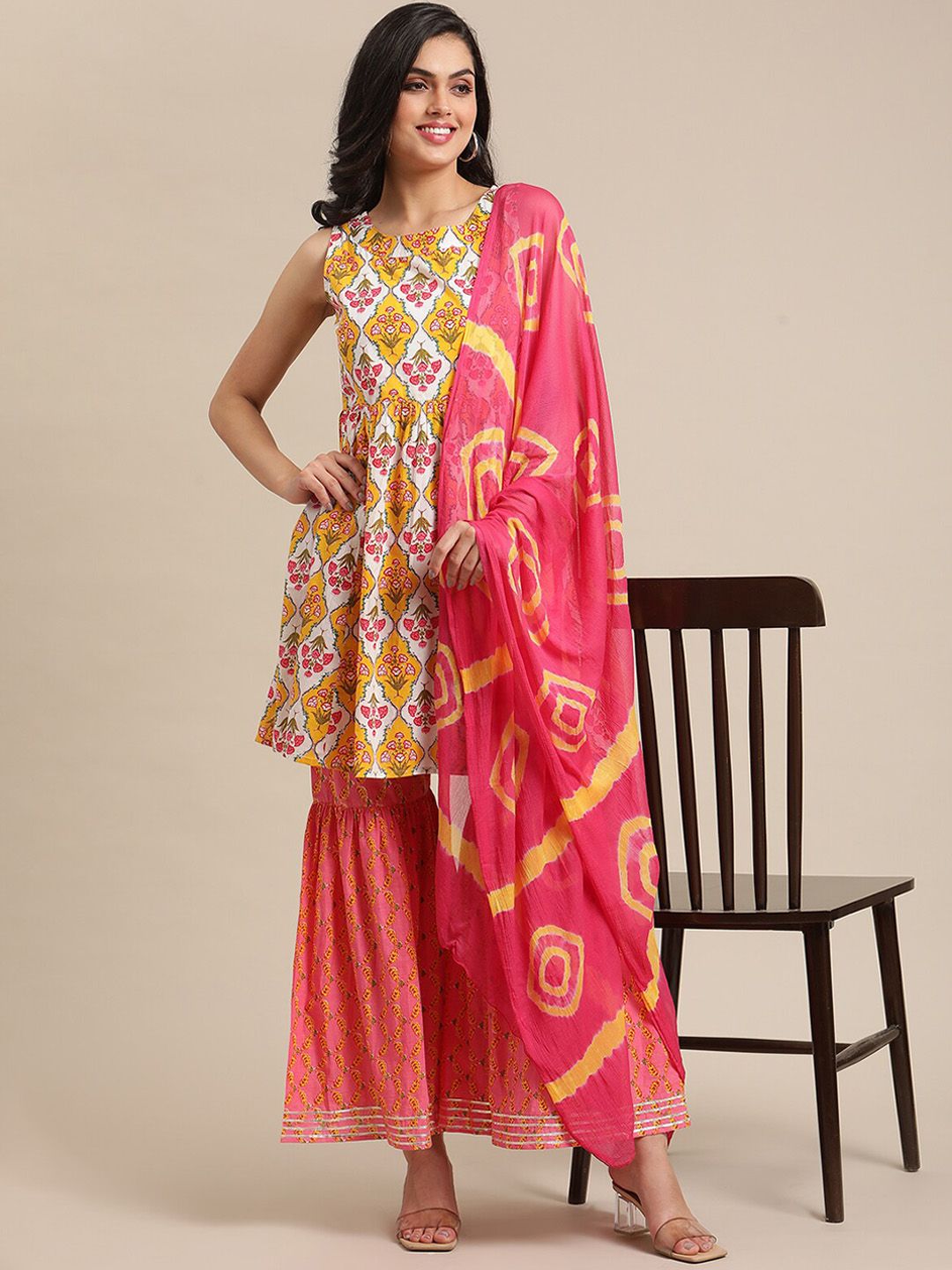 Varanga Women Mustard Yellow Floral Printed Empire Pure Cotton Kurti with Sharara & With Dupatta