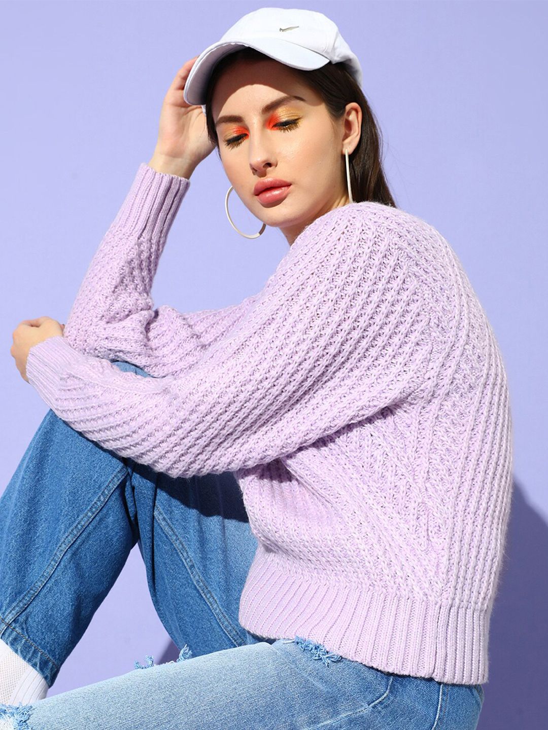 STREET 9 Women Lavender Ribbed Round Neck Long Sleeves Pullover