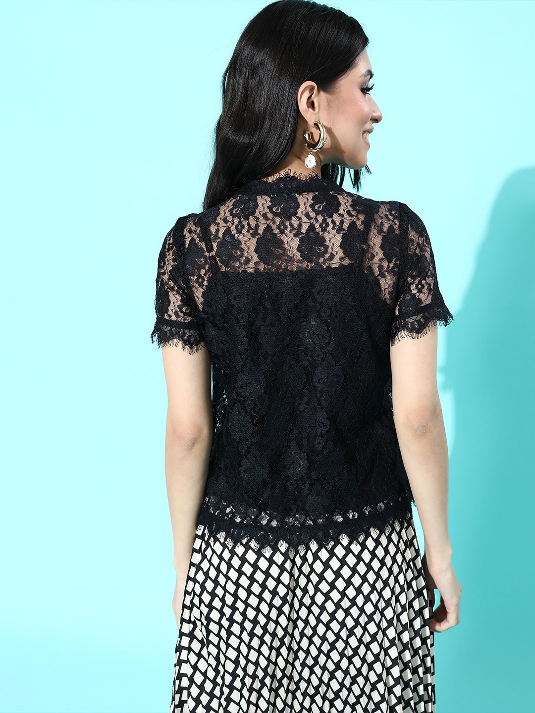 DressBerry Women Black Self Design Lace Top