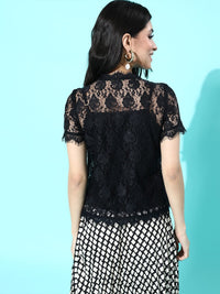 DressBerry Women Black Self Design Lace Top