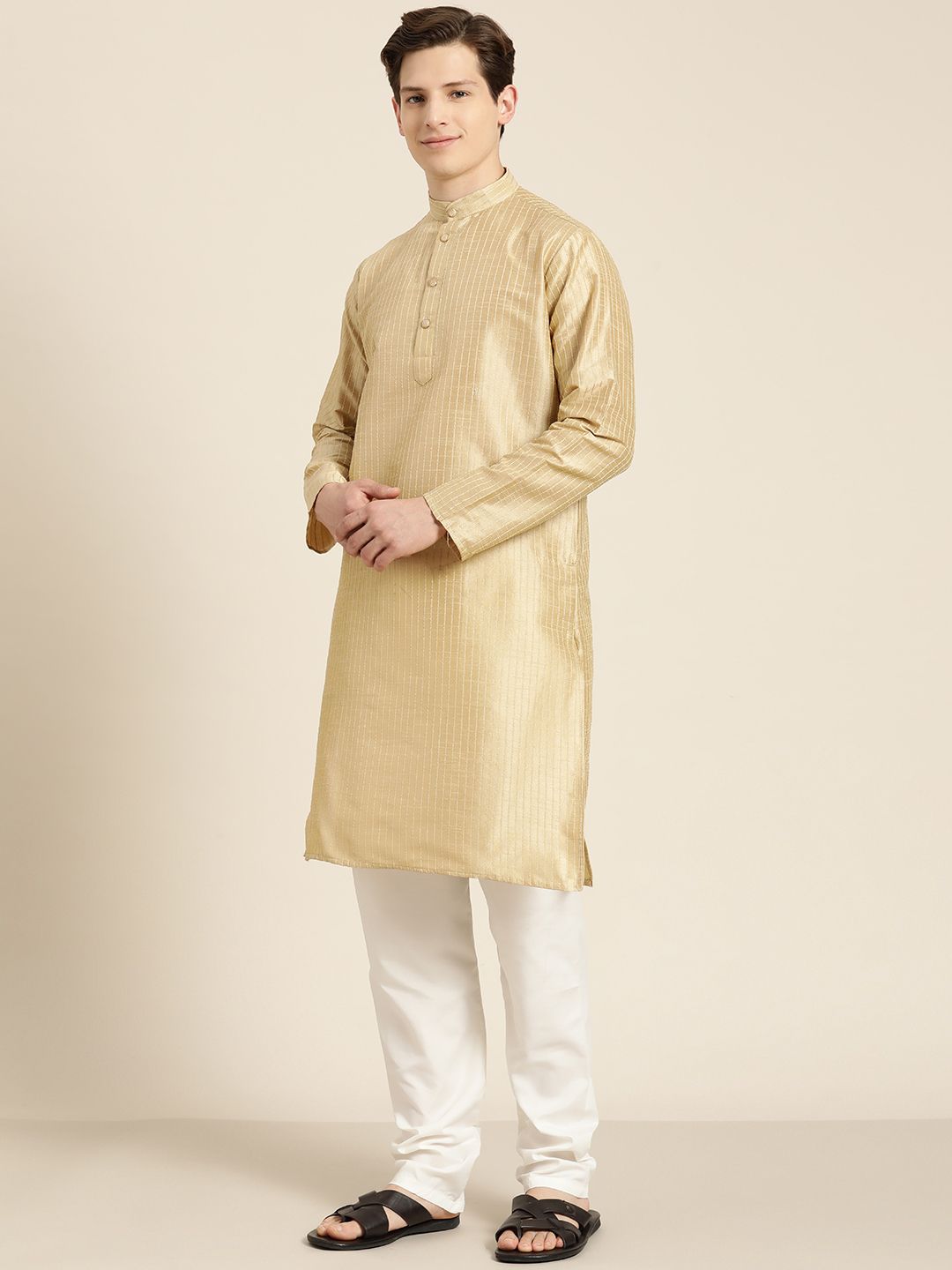 SOJANYA Men Gold Striped Thread Work Straight Kurta Churidar & Nehru Jacket