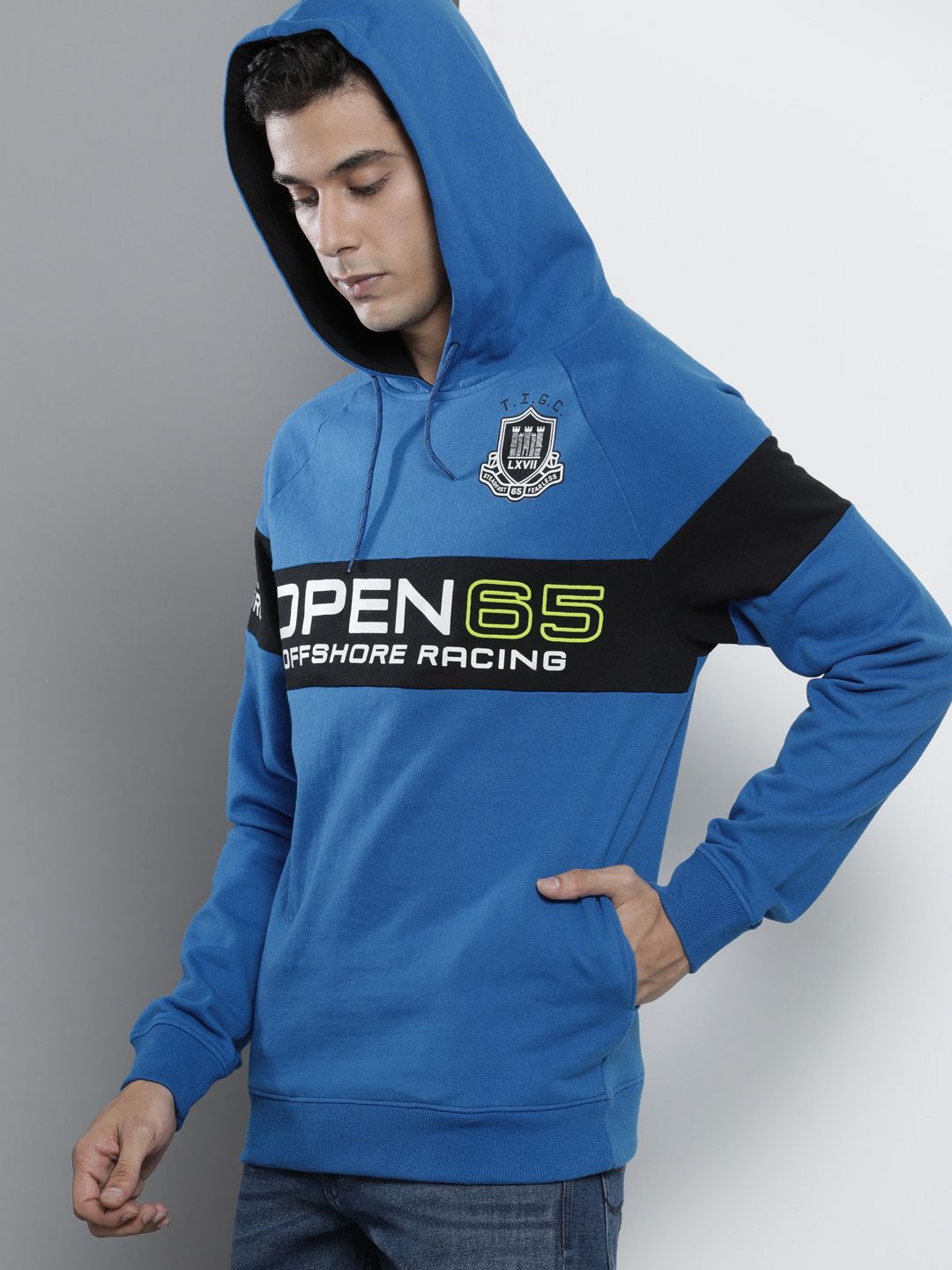 The Indian Garage Co Men Blue Printed Hooded Sweatshirt