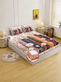 Moda Rapido X KLOTTHE Peach-Coloured & Pink Floral 400 TC King Bedsheet with 2 Pillow Covers
