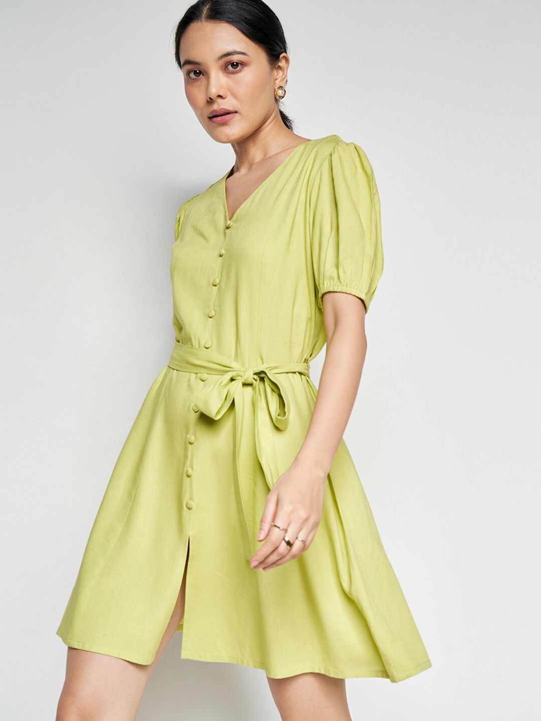 AND Puff Sleeves V-Neck Belted Linen A-Line Dress