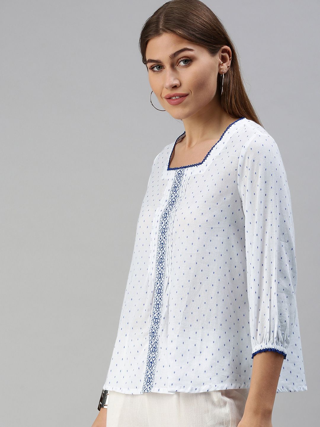 Global Desi White & Blue Embroidered Sqaure Neck Pleated Blouson Top