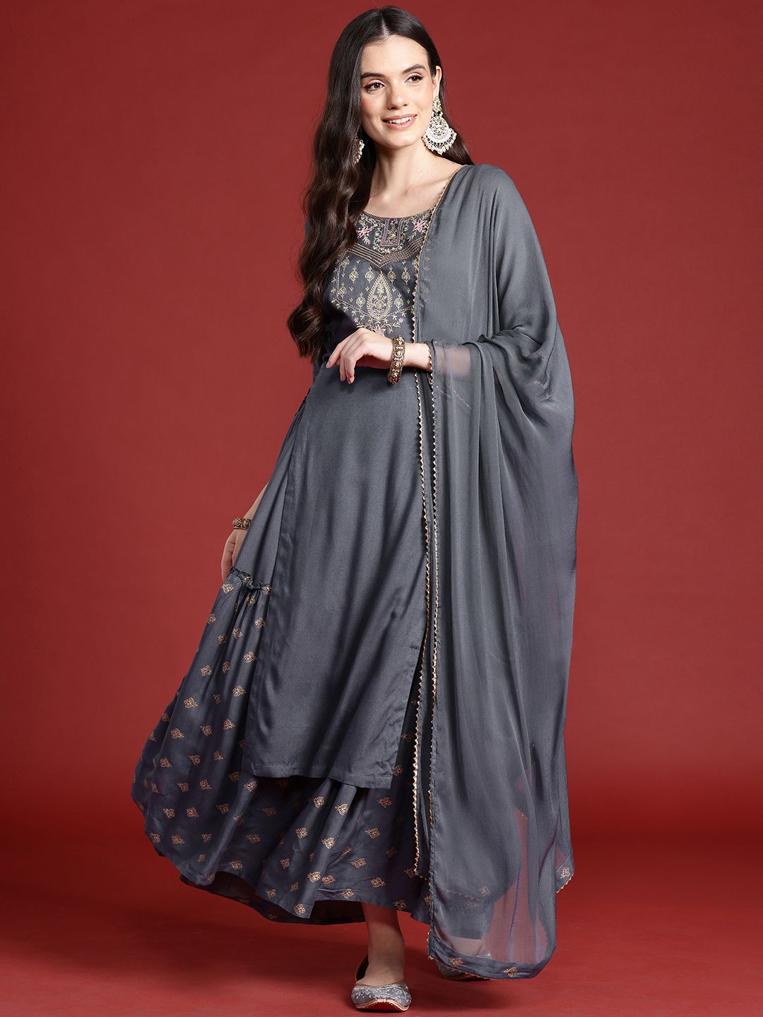 Anouk Ethnic Printed Yoke Embroidered Layered Kurta with Dupatta