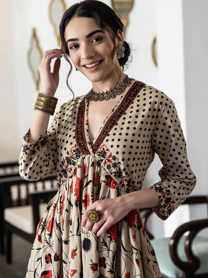 Rustorange Women Beige & Orange Printed A-Line Dress