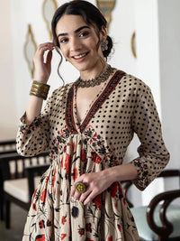 Rustorange Women Beige & Orange Printed A-Line Dress