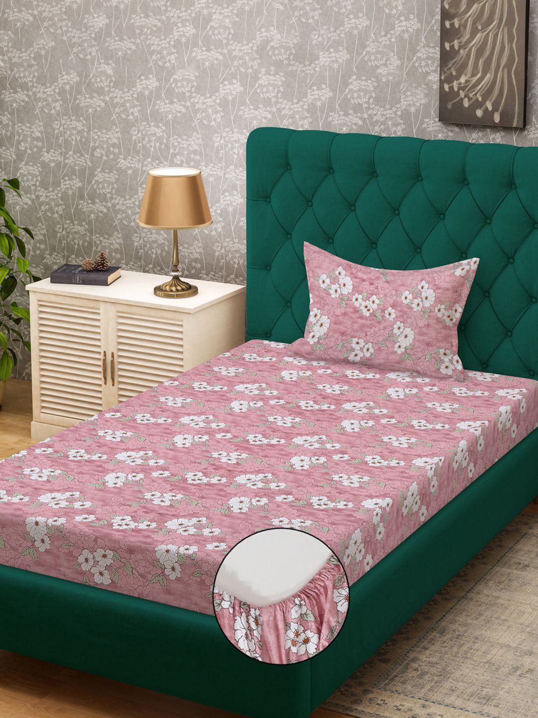 KLOTTHE Pink & White Printed Pure Cotton 400 TC Single Bedsheet With Pillow Cover