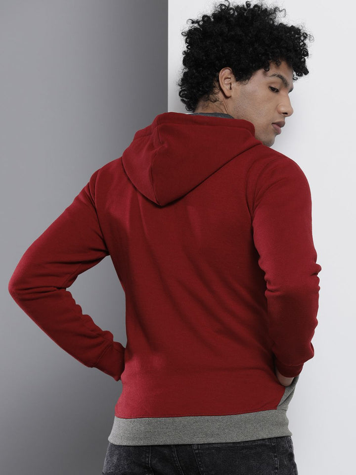 The Indian Garage Co Men Red & Grey Colourblocked Hooded Sweatshirt
