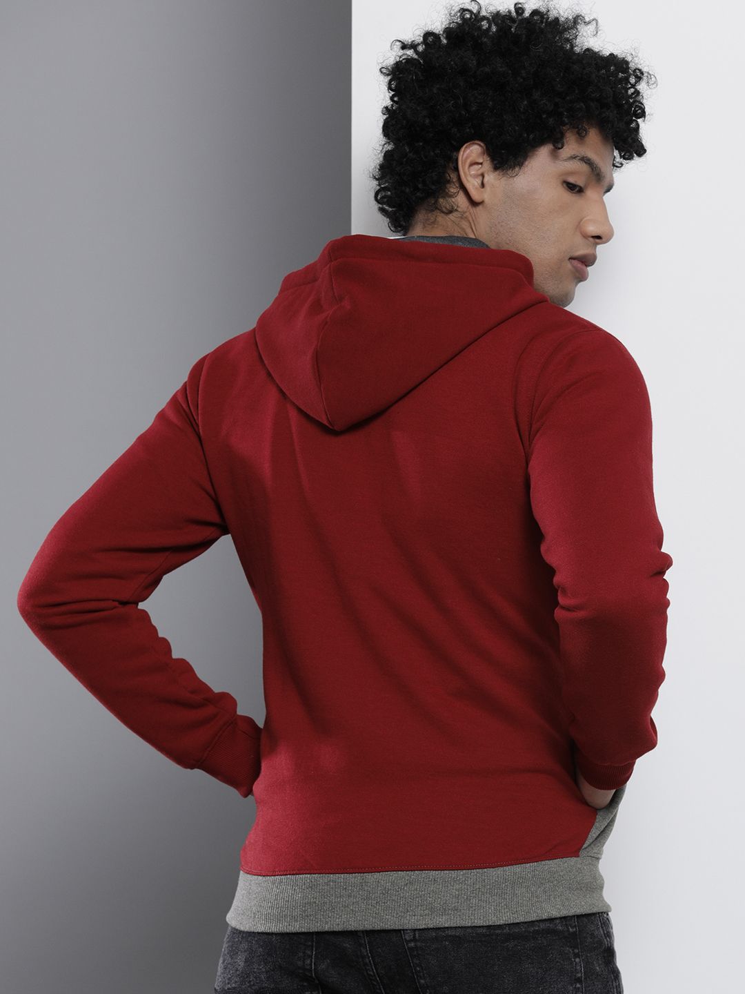 The Indian Garage Co Men Red & Grey Colourblocked Hooded Sweatshirt