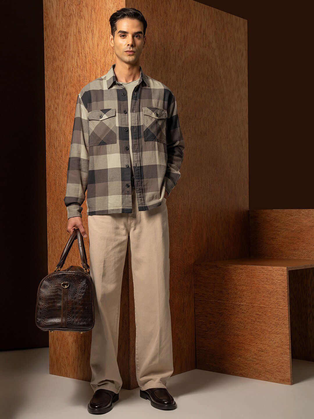LOCOMOTIVE Premium Oversized Dobby Textured Checked Utility Pocket Overshirt