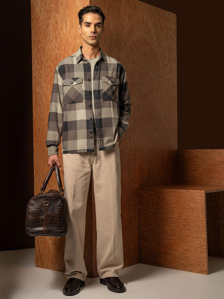 LOCOMOTIVE Premium Oversized Dobby Textured Checked Utility Pocket Overshirt