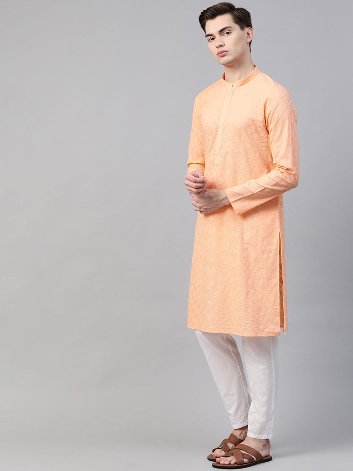 See Designs Men Peach Pure Cotton Chikankari Embroidered Straight Kurta