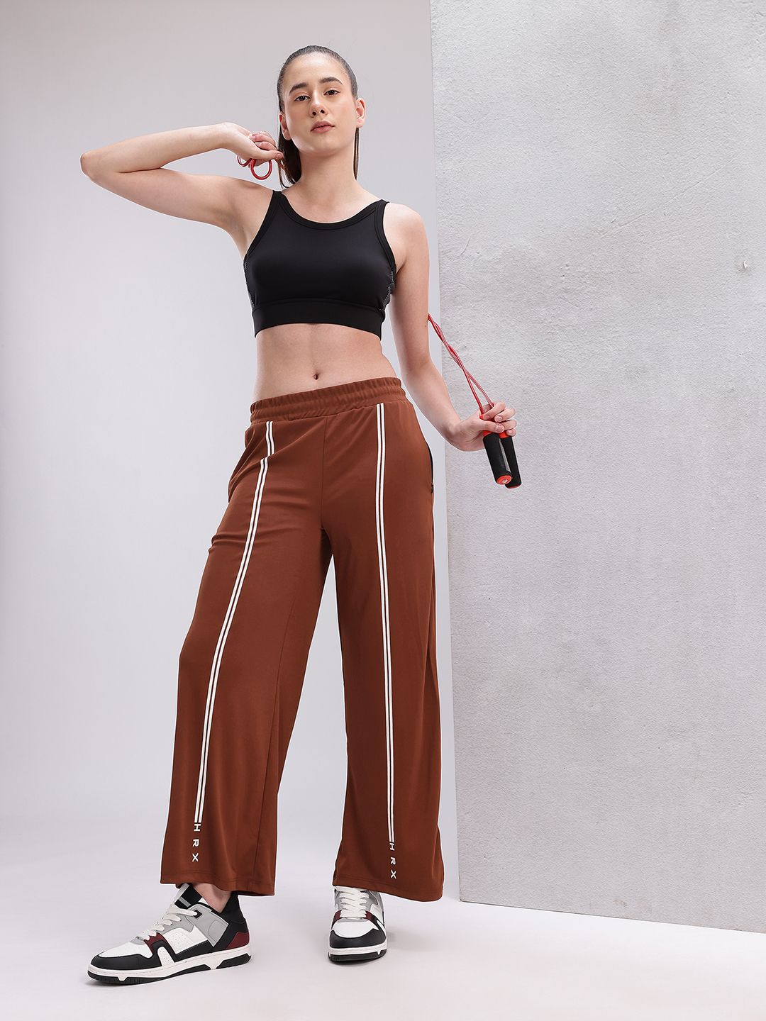 HRX by Hrithik Roshan Women Striped Mid-Rise Wide Leg Training Track pants with Side Slits