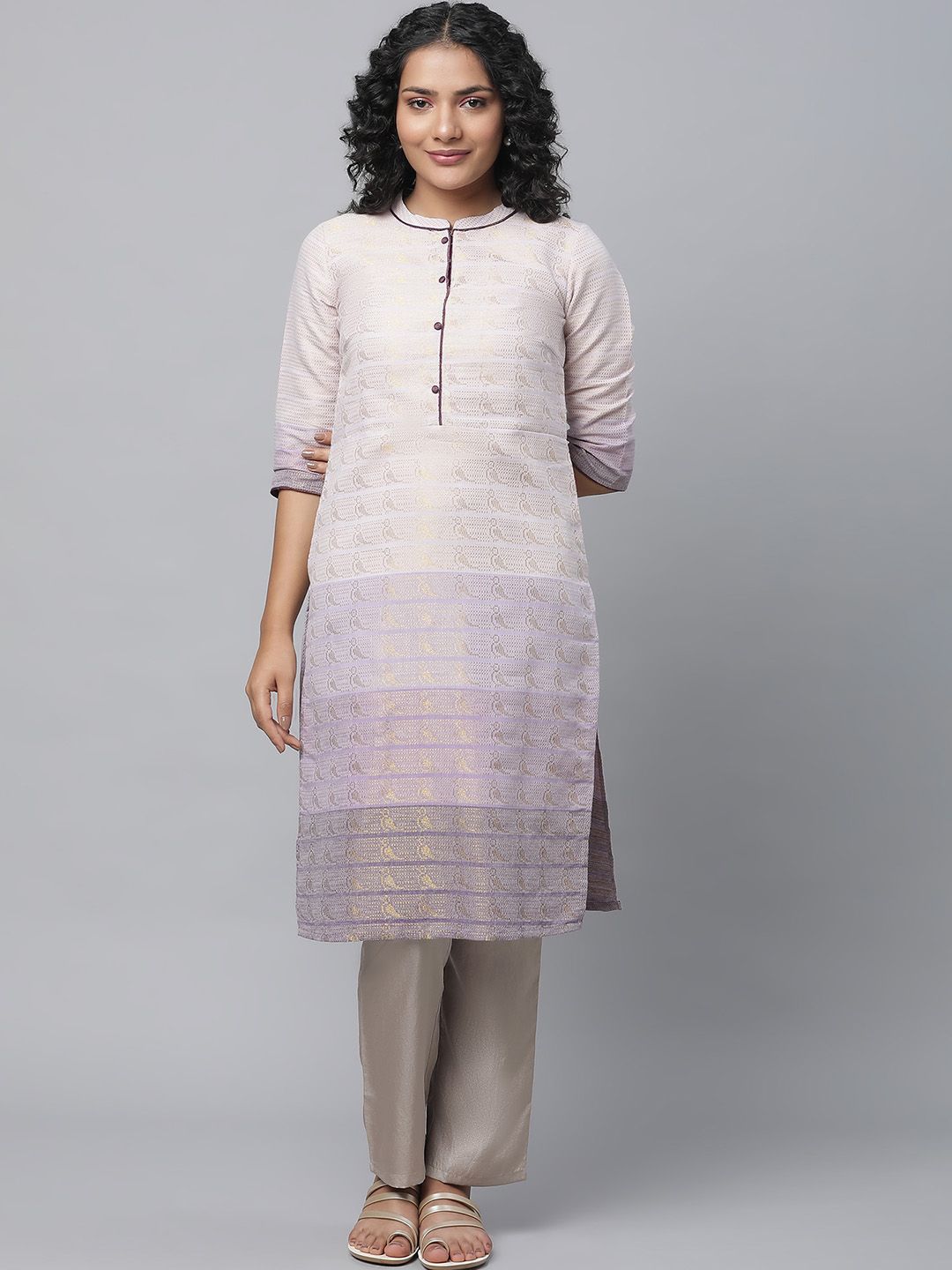 AURELIA Band Collar Woven Design Zari Kurta
