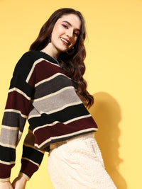 Berrylush Women Black Striped Knits Bits Sweater