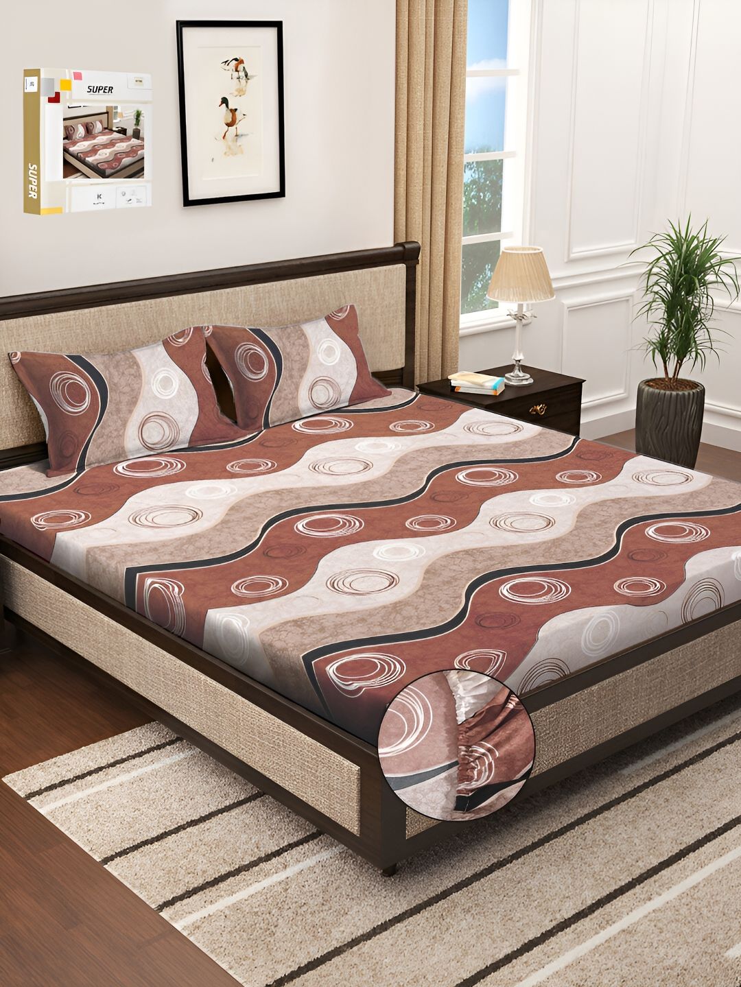 KLOTTHE Brown & Cream Geometric Printed 300 TC Fitted King Bedsheet With 2 Pillow Cover