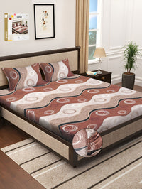 KLOTTHE Brown & Cream Geometric Printed 300 TC Fitted King Bedsheet With 2 Pillow Cover