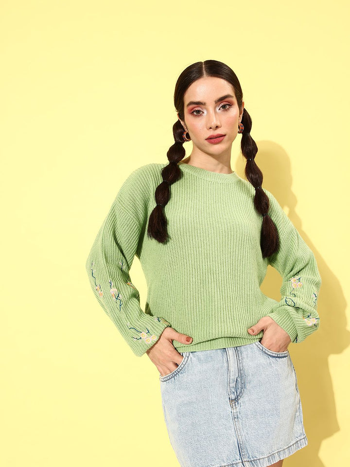 DressBerry Round Neck Pullover With Floral Embroidered Detail On Sleeves